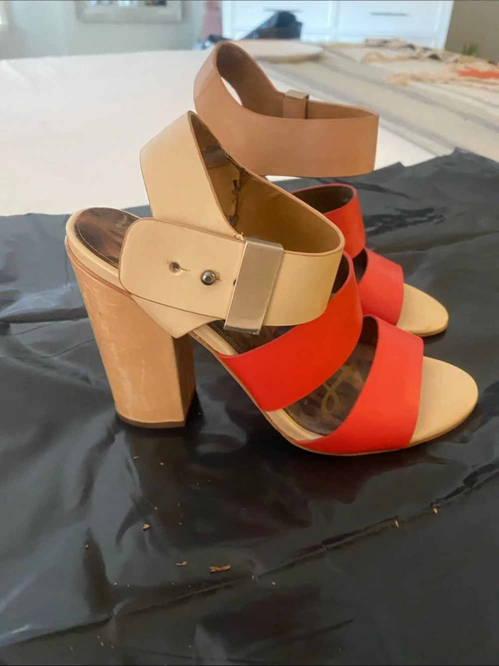 Sam Edelman Tan and Red Triple Strap Block Heel Sandals.